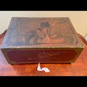 Antique 1800s Painted Wood Box  Rabbits BUNNIES Folk Art PRIMITIVE Spring EASTER